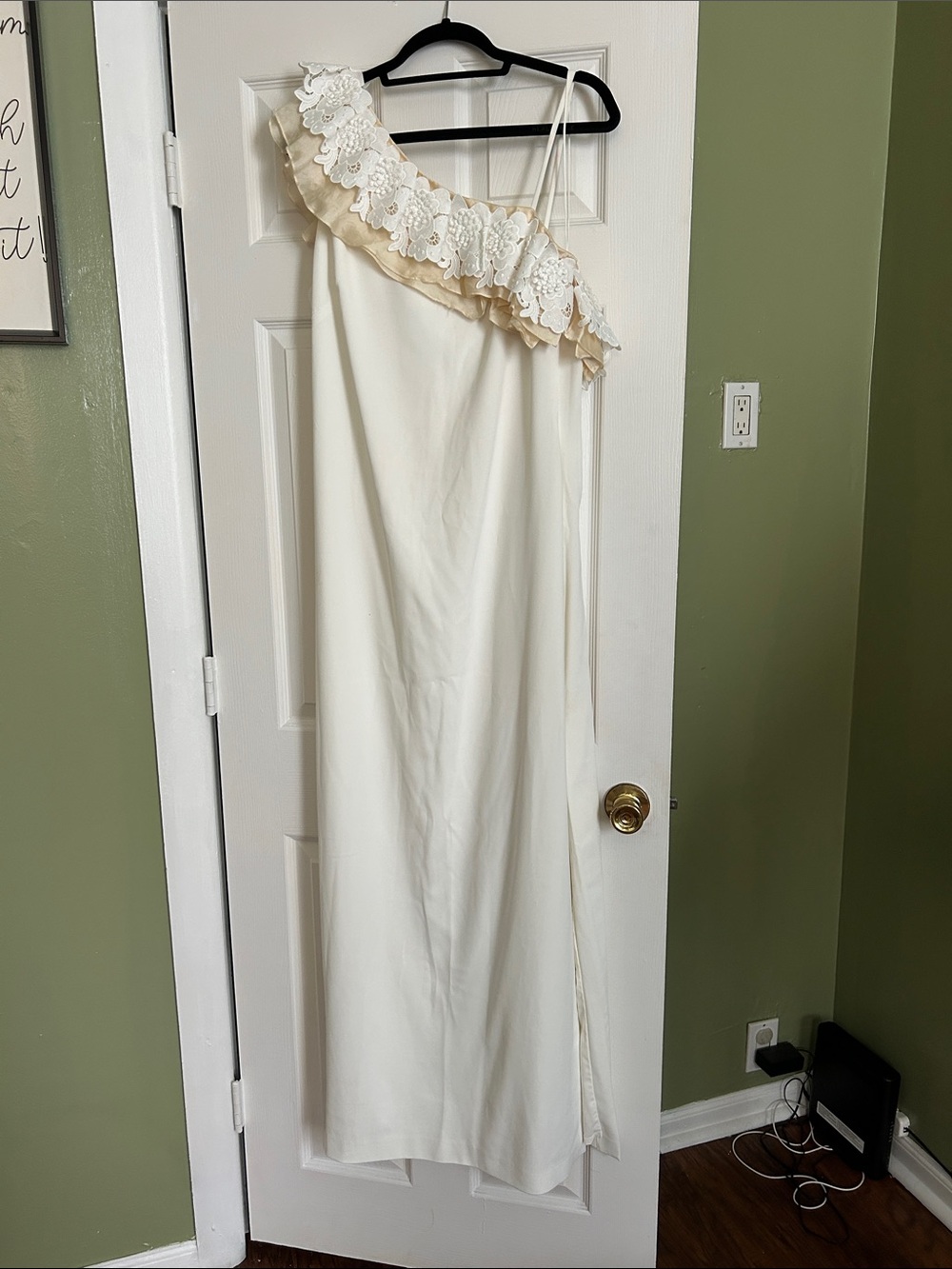 Badgley Mischka One-Shoulder Ivory Maxi Dress with Cream Lace Ruffle